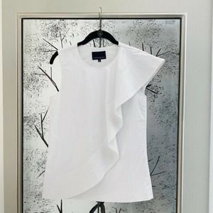 Cynthia Rowley Size 2 White Cotton Cascade Ruffle Sleeveless Crew Neck Blouse